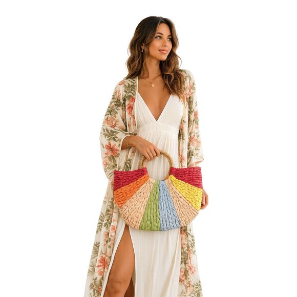 Unbranded Handbags - Rainbow Boho Straw Tote Bag Colorblock Resort Beach Vacation Top Handle Handbag